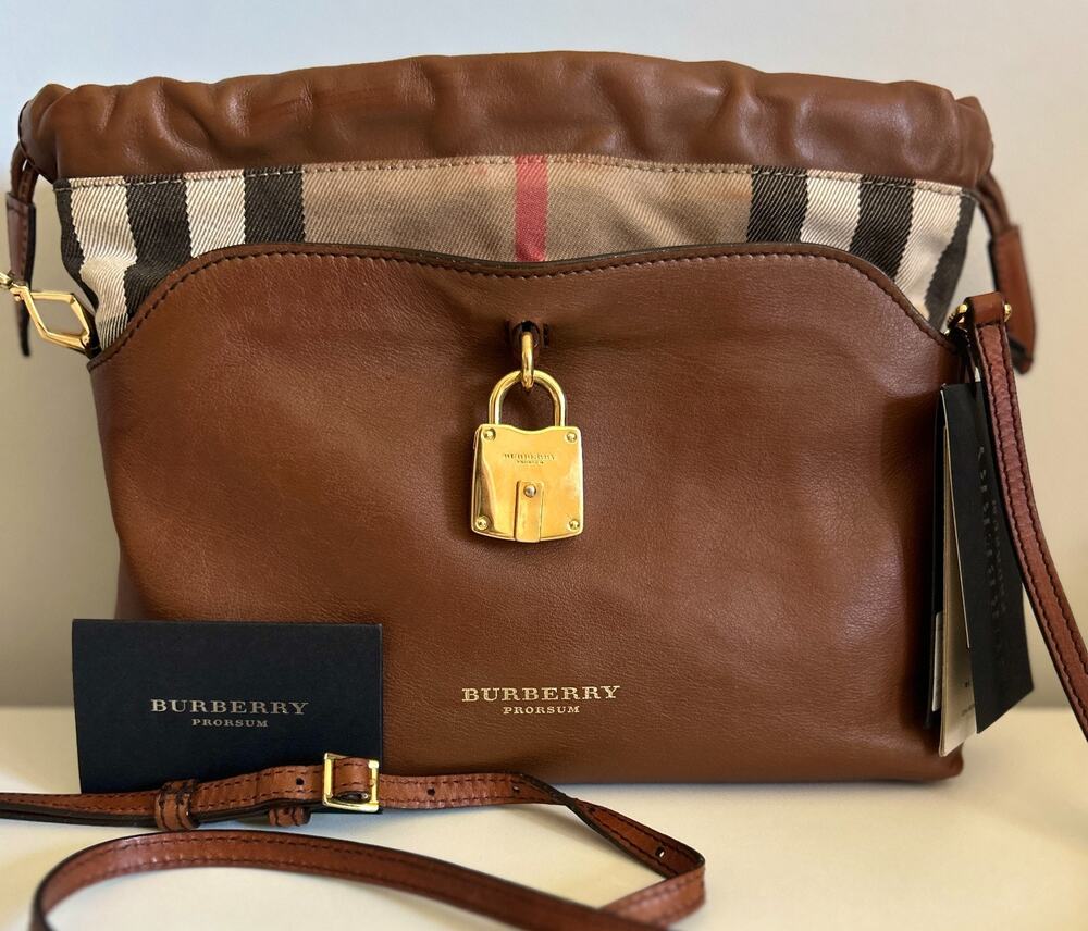 Burberry Little Crush Crossbody Bag Black Leather House Check Canvas Purse
